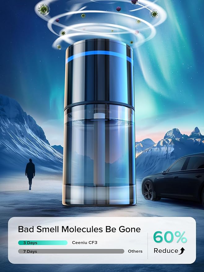 Ceeniu New Smart Car Air Freshener, 135ml Last 6 Months, Auto ON/OFF Car Freshener Long Lasting, Multi-mode Adjustable, Ambiance Light, Natural French Fragrance, CF3 Aroma Diffuser, Mint Ice Scent