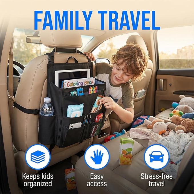 Car Front Seat Organizer, Multipurpose Hanging Passenger Seat & Backseat Storage Bag with Cup Holder, Multi-Layer Auto Interior Organizer with Laptop Tablet Storage, Universal Fit