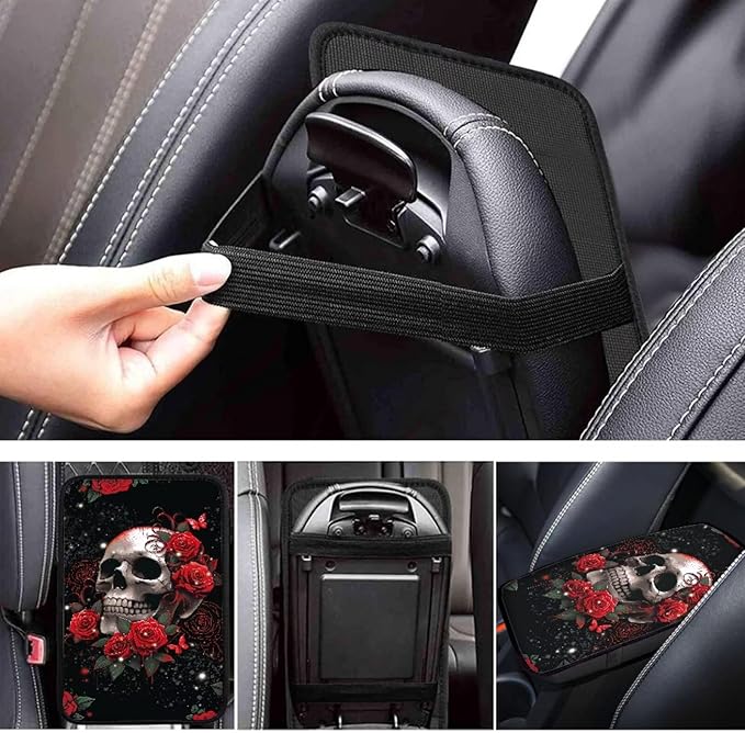 Dreaweet Red Rose Skull Center Console Armrest Pad Cover Halloween Goth Car Accessories Soft Comfort Arm Rest Cover Pad Universal Middle Console Covers for Cars SUV Truck Sedan