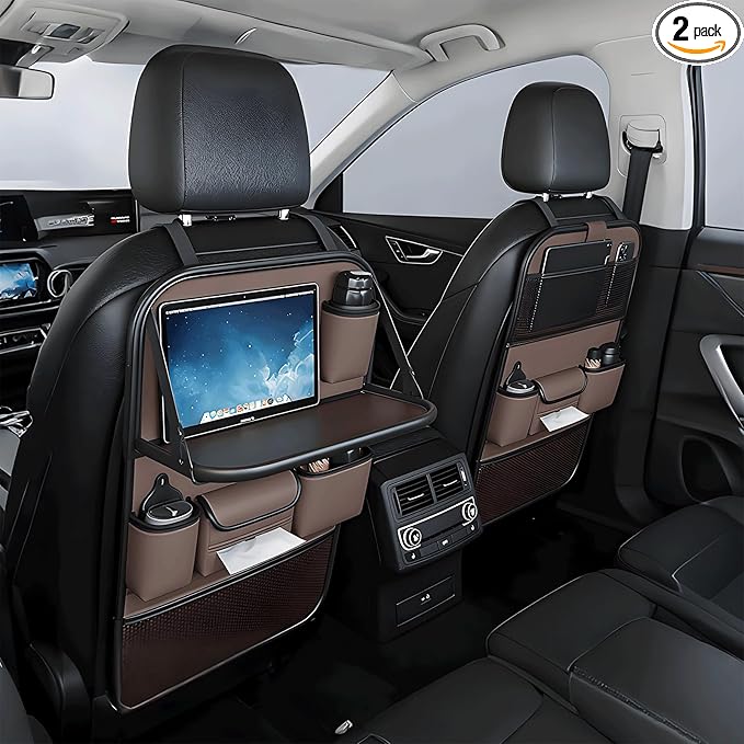 2 Pack Universal Foldable Car Backseat Organizer with Table Tray, Car Seat Back Protector with Touch Screen Phone Holder, Premium Leather Kick Mats with Storage Pockets Tissue Holder (Brown)