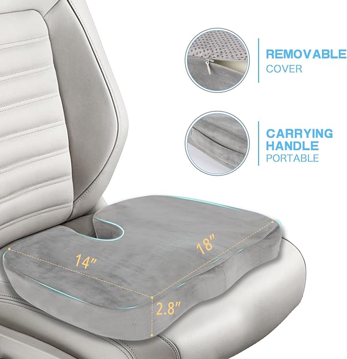 Car Seat Cushion for Sciatica Pain Relief, Extra Large Ergonomic Memory Foam Seat Pad for Lower Back & Tailbone Support, Cushion for Long Driving, Office Chair, Truck, Wheelchair - Grey