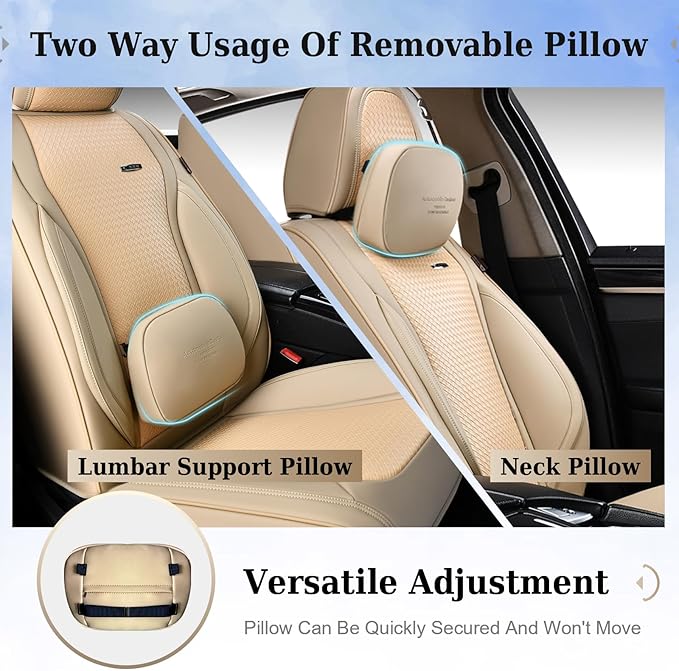 Coverado Car Seat Covers Full Set, Beige Seat Covers for Cars, Waterproof Nappa Leather Automotive Seat Covers with Lumbar Head Pillow, Car Seat Protectors, Universal Fit for Most Cars SUV