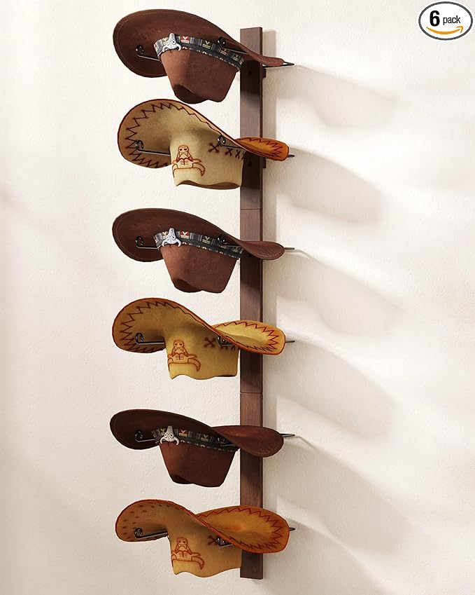 Cowboy Hat Holder, 3-Piece Wall Mount Cowboy Hat Rack for Wall Holds up to 6 Hats – Wooden + Metal Rustic Western DIY Hat Racks for Wall Storage and Home Décor