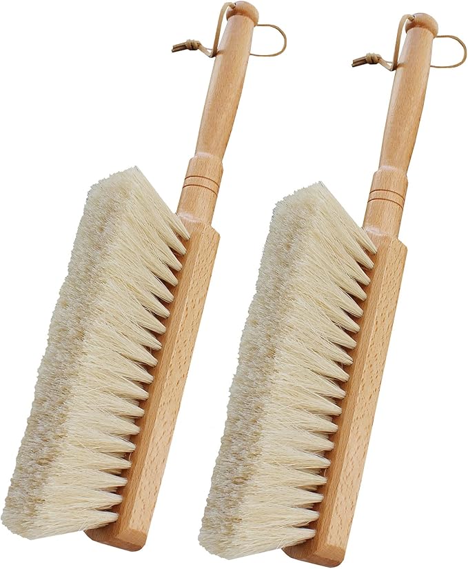 Horsehair Hand Brush Soft Bristles for Upholstery Furniture Couch Bed Beech Wood Handle 12 Inch Long (2pcs)