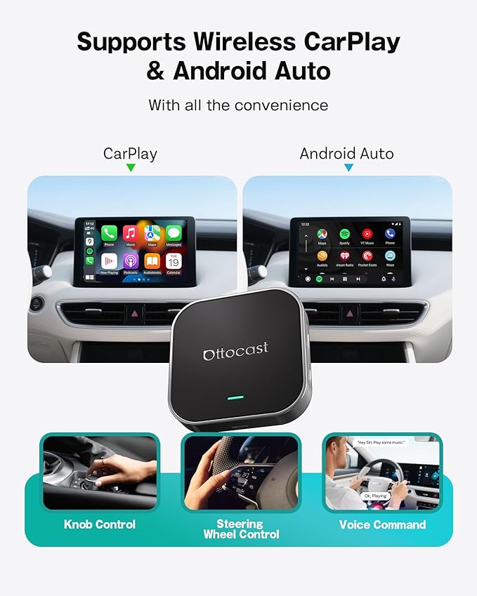 OTTOCAST 2025 Wireless CarPlay & Android Auto Adapter,Android 13 Magic CarPlay Box for Netflix/YouTube/TikTok +,FOTA Update,Split Screen,Plug & Play,Auto Bluetooth Connection,App Download,E2