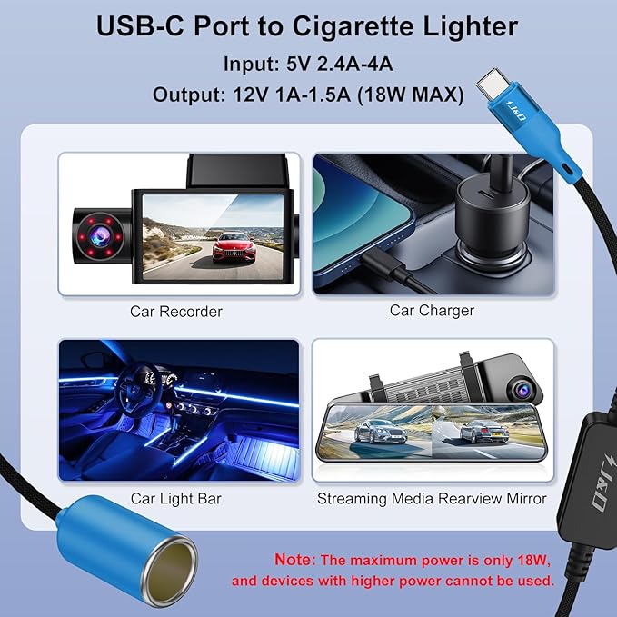 J&D USB C Male to 12V Car Cigarette Lighter Socket Female Converter Cable, 12V 18W Power Cable for Dash Cam, GPS, Car LED Light Strips, Blue, 5 ft