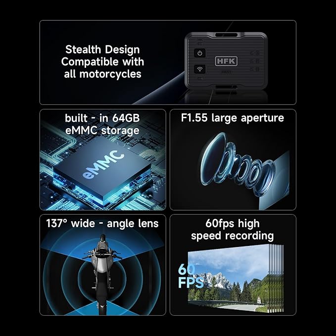 HFK HM201 Motorcycle Dash Cam, 1080P +1080P Motorcycle Camera Front and Rear, Stealth Design, IP67 Waterproof, 5G WiFi, Loop Recording, G-Sensor, Built in eMMC 64GB Storage, Support 512GB Max