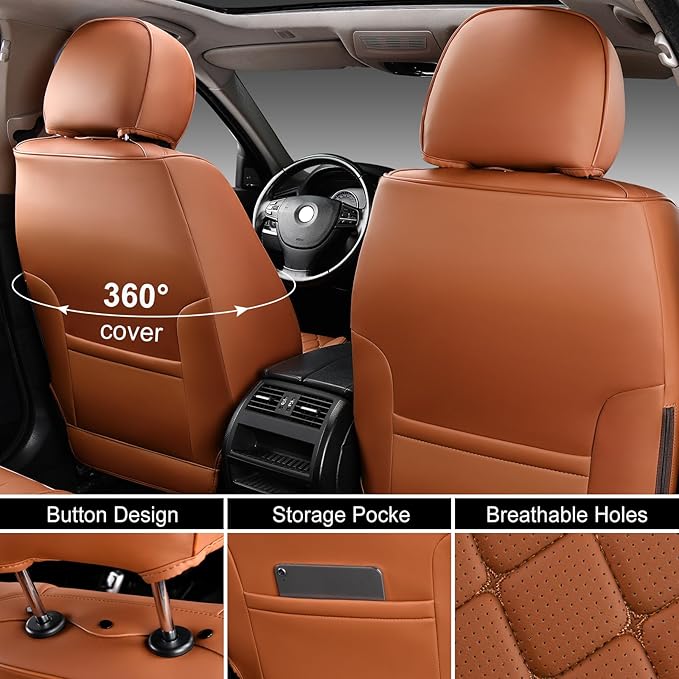 Auto Car Seat Covers Full Set Leather Cushion Protector Breathable Waterproof Seat Cover for Cars Universal Fit (Mature Brown, Full Set Without Headrest)