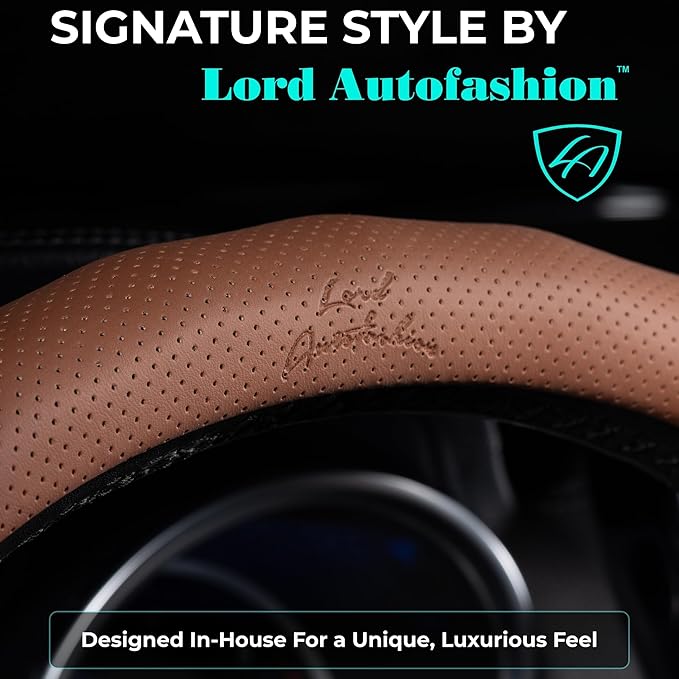 Lord Autofashion Steering Wheel Cover – PU Leather, Non-Slip Rubber Inner, All-Season Comfort – 14.5–15 Inch (Orange 8571)