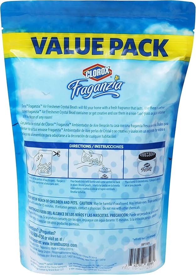 Clorox Fraganzia Crystal Beads Air Freshener, Long Lasting Room Deodorizer and Odor Eliminator Gel Beads to Freshen Home, Car, or Office, Morning Sky Scent, 30 Fl Oz Resealable Pouch