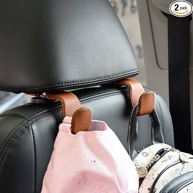 Car Hooks Universal Car Vehicle Back Seat Headrest Hanger Holder Hook Microfiber Leather & Stainless Steel for Bag Purse Cloth Drink Grocery (Brown)