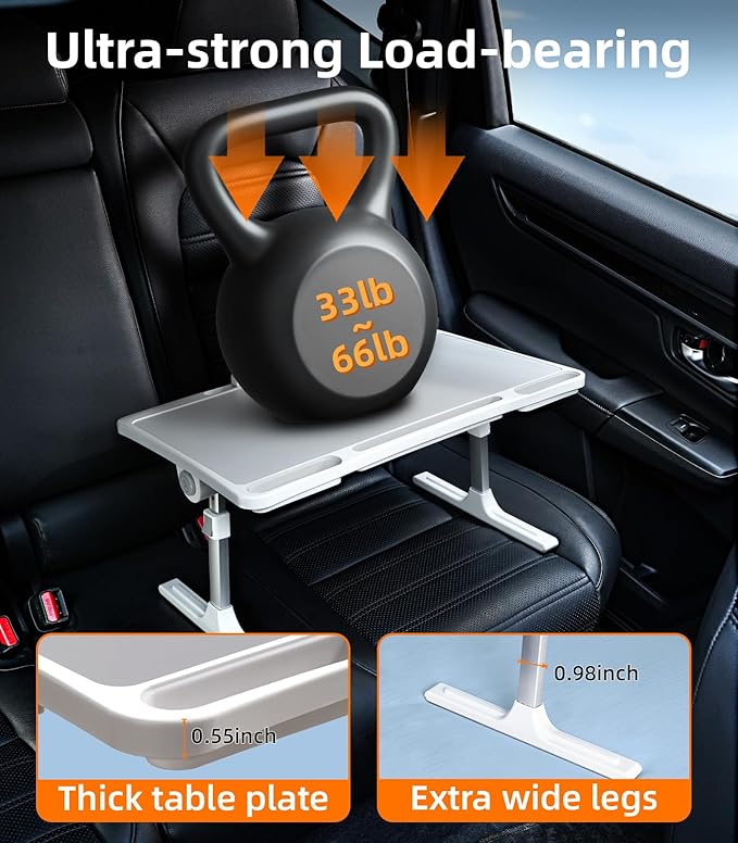 Large Car Seat Tray Table, Foldable Travel Tray for Kids Car Seat, Height Adjustable Car Lap Desk for Laptop Computer Tablet, Rear Seat Food Eating Tray, Car Travel Essentials for Long Trips