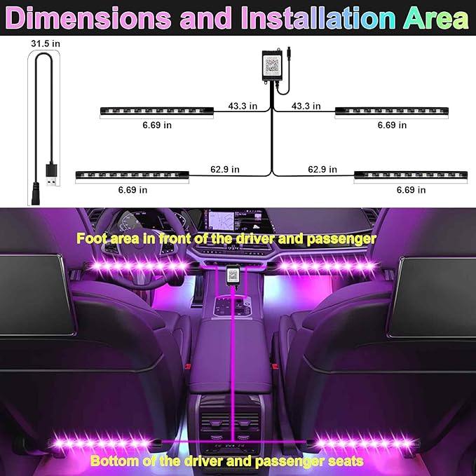 BFXM Car Interior Lights, 5V LED Strip Lights with USB Adapter, Ambient Lighting Car Accessories, App & Remote Control Music Sync Color Change Lights for Truck Car Decor (36LED Beads)