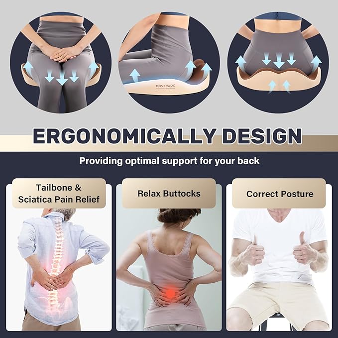 Coverado Car Seat Cushion and Lumbar Support Pillow, Memory Foam Ergonomic Back Support Driving Seat Cushion for Sciatica, Tailbone, Back Pain, Non-Slip Washable Cushion for Car, Driver, Office