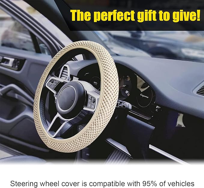Kewucn Car Elastic Stretch Steering Wheel Cover, Soft Microfiber Breathable Ice Silk, Universal 15 Inch Anti-Slip Auto Steering Wheel Protector, Fit Car, SUV, Van, Sedan, Truck (Beige)