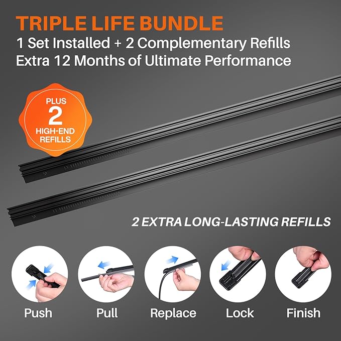 DOG TAIL Water Repellent Silicone Wiper Blades 24" 24" Set with Multiple Adapters and 2 Refills, Automotive Replacement Front Windshield Wiper Blades for My Car with Water Repellency Formula DropClear