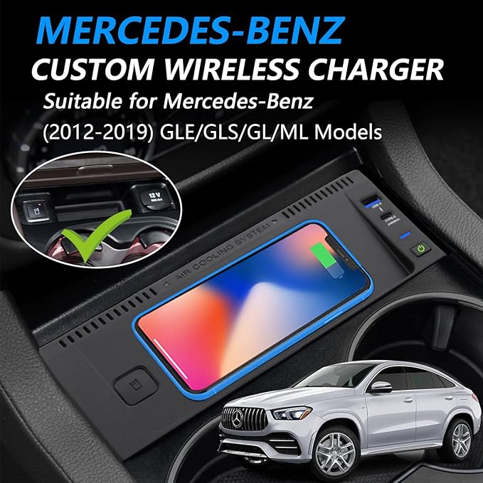 Wireless Car Charger for Mercedes Benz GLE/GLS/GL/ML 2012-2019, 15W Qi Fast Charging Phone Charger Pad for Mercedes-Benz GLE GLS AMG 2015-2019 ML GL AMG 2012-2015 X292 X166 W166 Accessory