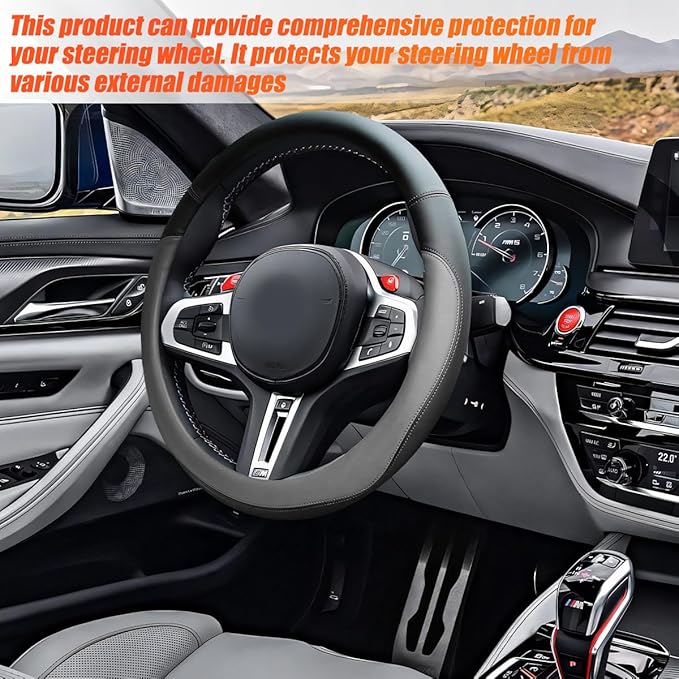 Car Steering Wheel Cover, 15 Inch Leather Anti-Slip Breathable Vehicle Steering Wheel Protecter with Comfortable Feel, Automotive Interior Accessories, Universal for SUV Sedan Truck (Gray)