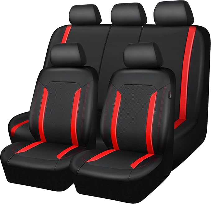 CAR PASS Universal Leather Car Seat Covers Full Set, Waterproof wear Durable Faux Leather Seat Covers 5 Seats Protector, Rear with Zipper, Airbag, Fit for SUV Pick-up Truck Vehicle Auto Black and Red