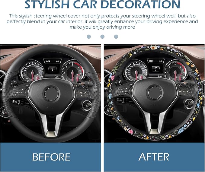 Flower Steering Wheel Cover, Cute Breathable Steer Wheel Protection Cover, Auto Non-slip Wildflowers Steering Protector, Universal for Most Cars, Trucks, SUVs (Multicolored)