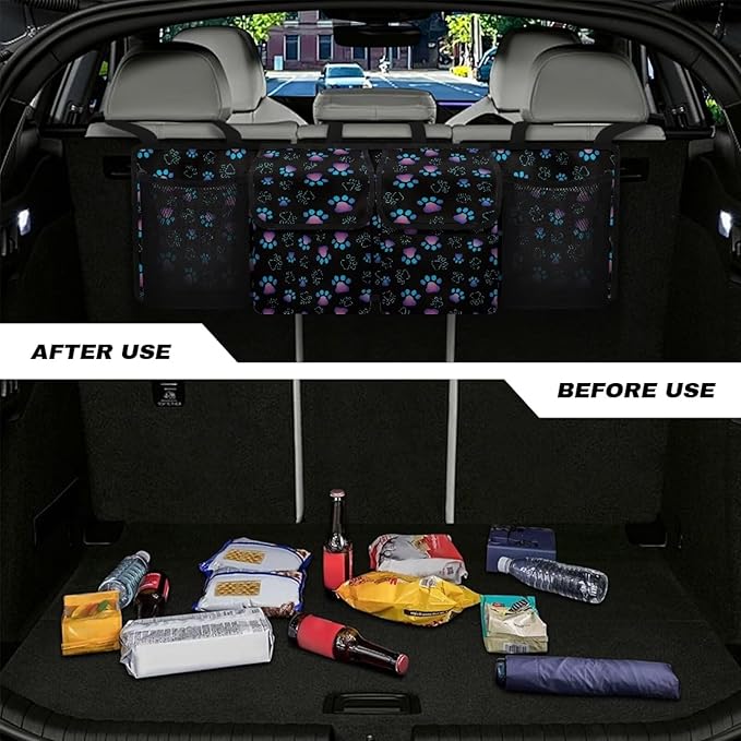 Small Car Trunk Organizer Back Seat Hanging Car Organizers and Storage, Paw Print Car Backseat Organizers, Easy to Clean and Install