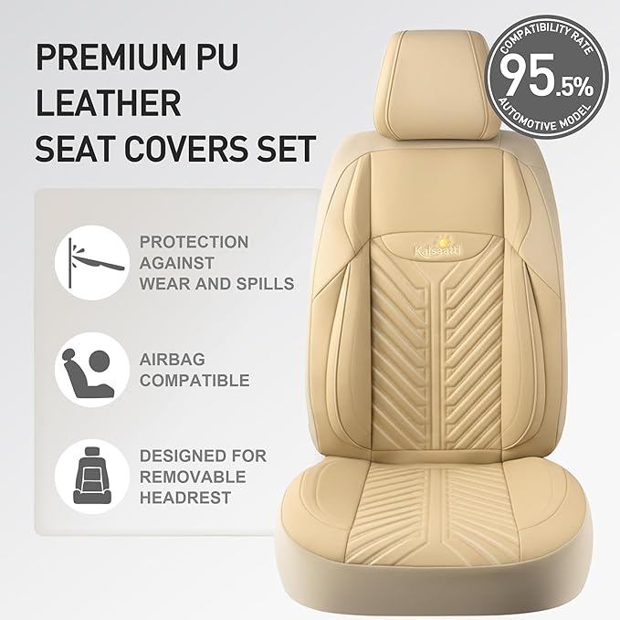 PU Leather Car Seat Covers Front Set – Waterproof seat Cover for Cars，3D Foam Support Automotive seat Covers ，Airbag Compatible, Universal Fit for Cars SUVs Trucks Sedans（Khaki）