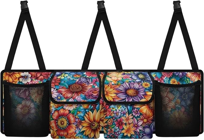 Boho Floral Flowers Backseat Trunk Organizer for Car Dahlia Hanging Cargo Bag Sturdy Trunk Storage Bag with 4 Storage Bags and 3 Adjustable Buckles