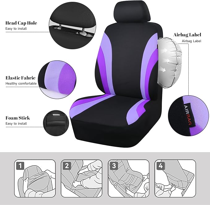 CAR PASS Line Rider Sporty Front Seat Covers,Purple Car Seat Covers Two Front Seats Only for Cute Women Girl, Airbag Compatible,Universal Fit Sedans,Cars,Vans,SUV,Truck(Black and Purple)