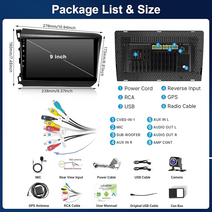 Leadfan Car Radio Stereo for Honda Civic 2012 Compatible with Wireless Apple Carplay Android Auto, 9 Inch Touchscreen GPS Navigation WiFi Bluetooth Backup Camera MirrorLink Mic 2+32G