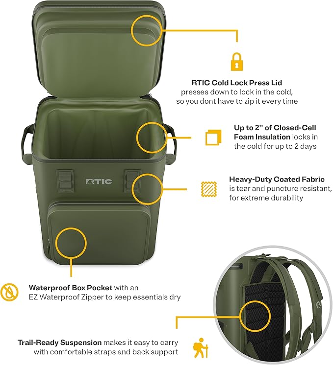 RTIC 24 Can Ultra-Tough Backpack Cooler, Insulated, Waterproof, Leak Proof, Portable Floating Bag for Beverage, Drink, Lunch, Outdoor, Beach, Car, Camping, Picnic, Fishing, Boat