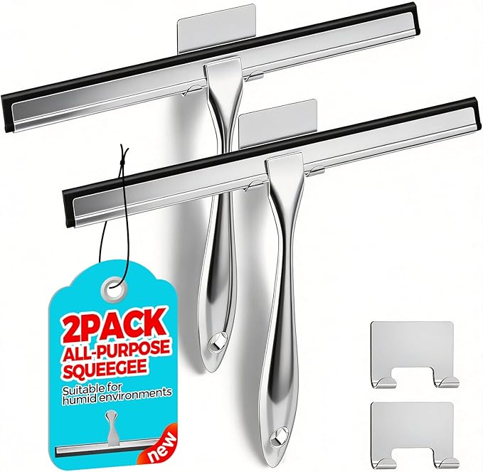 ALFLOD 2PACK 12-Inch All-Purpose Shower Squeegee for Shower Doors, Tile Shower Walls, Bathroom, Window, Glass and Car Windshield, Mirrors and Kitchen-Stainless Steel, Multitools, Silver