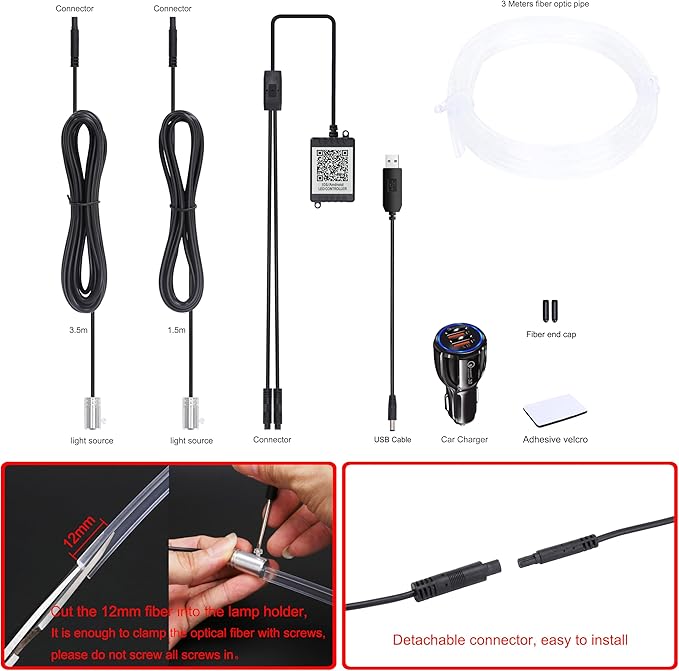 USB Car Ambient Lighting Optic Fiber 64 Colors Music Sound Active with APP Control Car Decorative Atmosphere Lighting Kit DC 12V 1W 3m with QC 3.0 car Charger