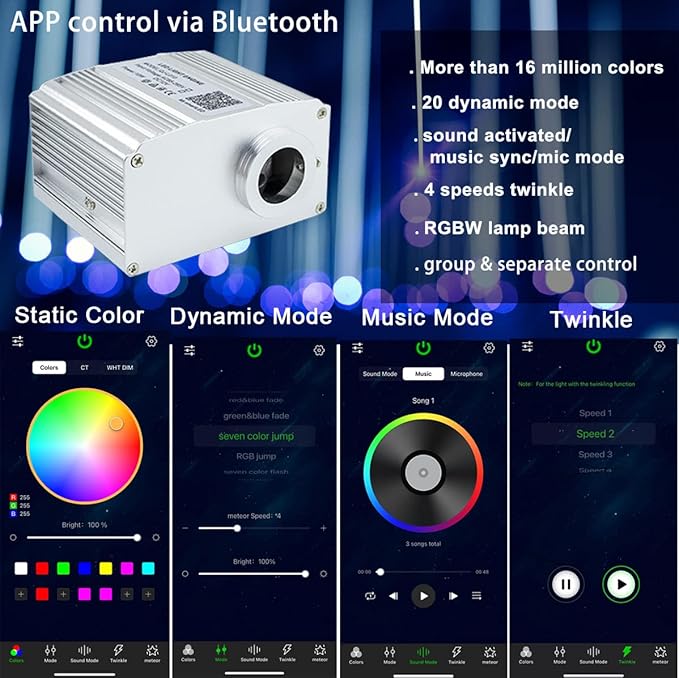AZIMOM Bluetooth Control 10W RGBW Twinkle Fiber Optic Lights Star Ceiling Light Kit 200pcs*0.03in*6.5ft Fiber Cables Sound Activated APP/Remote Light Engine Car Use Home Interior Lighting Deco