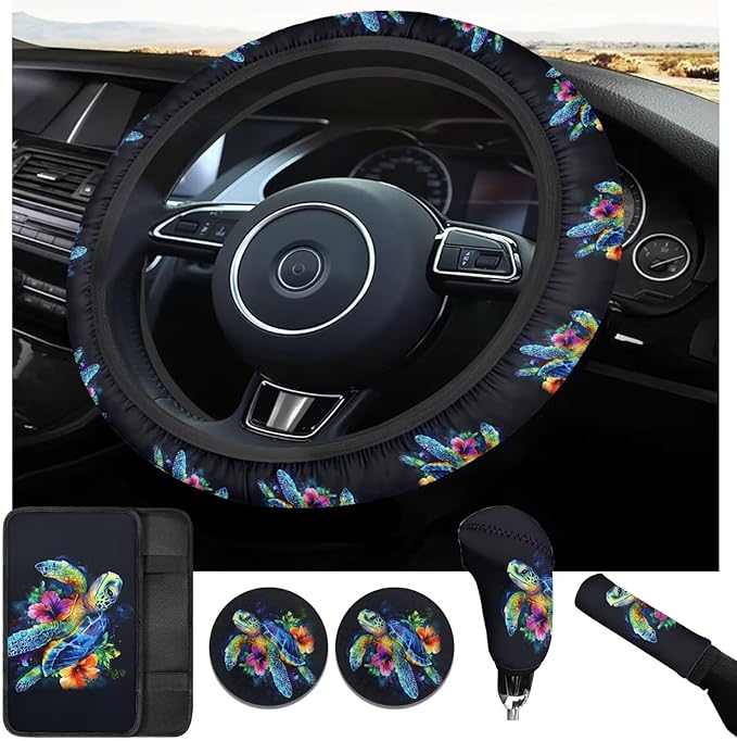 Sea Turtle Print Car Steering Wheel Cover Set for Men Women Colorful Turtle Cars Interior Decor Handbrake Cover Cup Coaster Fit for SUV Truck Vans