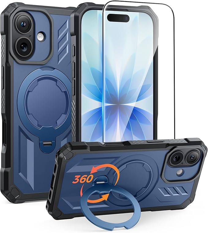 FNTCASE for iPhone 17 Phone Case: [360 Spin Magnetic Ring Kickstand] [Compatible for MagSafe] [Screen Protector] Heavy Duty Military Grade Protection Protective Phone Case with Stand Blue