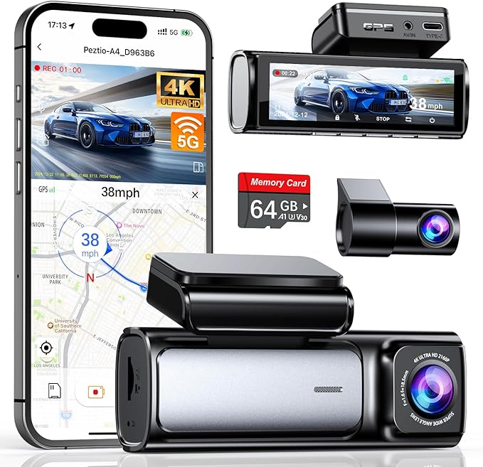 Affver 4K Dash Cam Front and Rear, Built-in 5G WiFi GPS, 64GB Card Included, 3.59'' IPS Screen Dash Camera for Cars, Dual Dashcam with G-Sensor, Loop Recording, WDR, Night Vision, 24H Parking Monitor