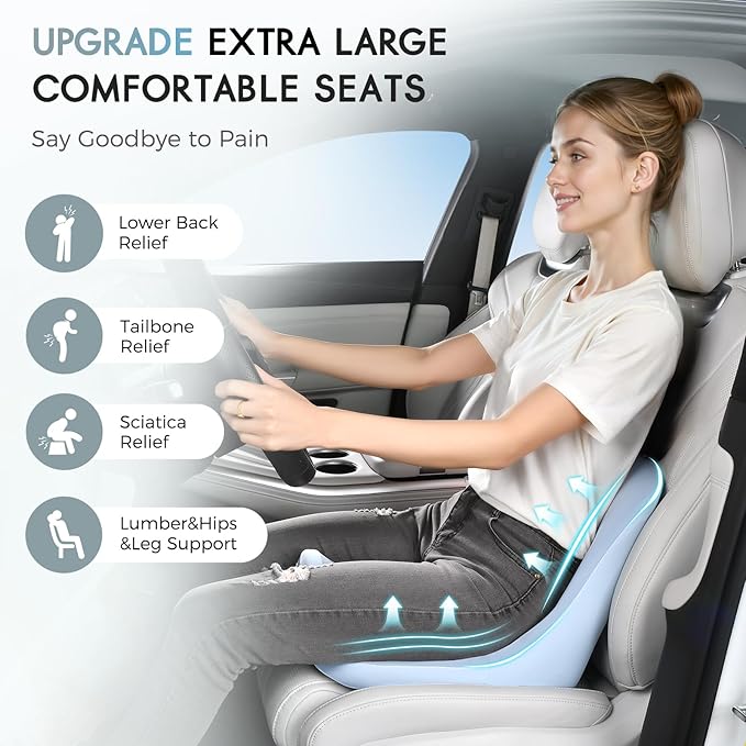 Car Seat Cushion and Lumbar Support Pillow, Larger Memory Foam Seat Cushion, Ergonomic L-Shaped Design Cushion for Back Pain Relief, Non-Slip Driving Cushion for Car, Office, Truck, Wheelchair-Blue