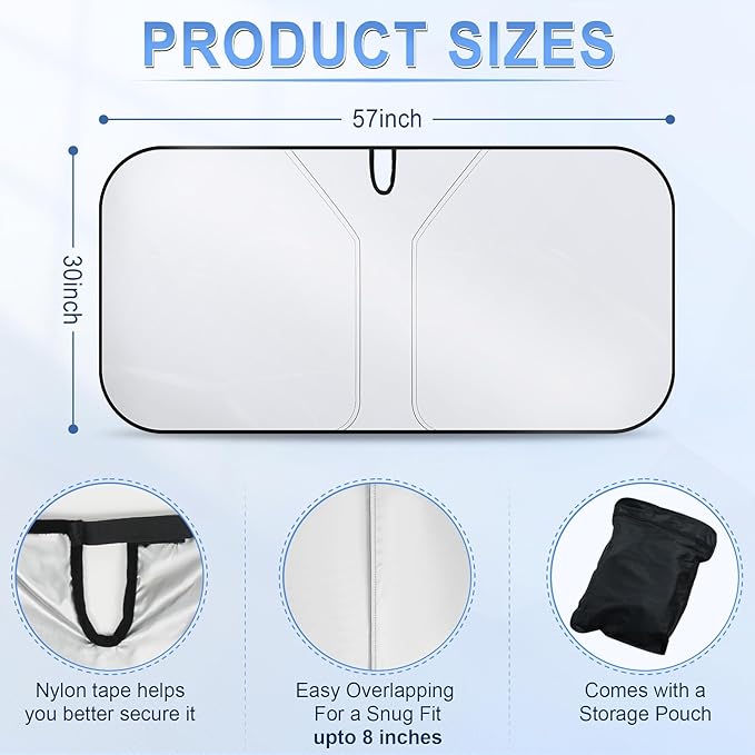SINGARO 300T Universal Car Windshield Sun Shade, Foldable Reflective for Windshield & Window Shades with Overlapping Design, Car Interior Accessories (57" L x 30" W)