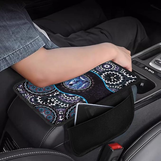 Wolf Boho Mandala Pattern Car Center Console Cover with Side Pockets Elastic Automobile Armrest Pad Comfortable Armrest Seat Box Cover Protector Car Decor Accessories