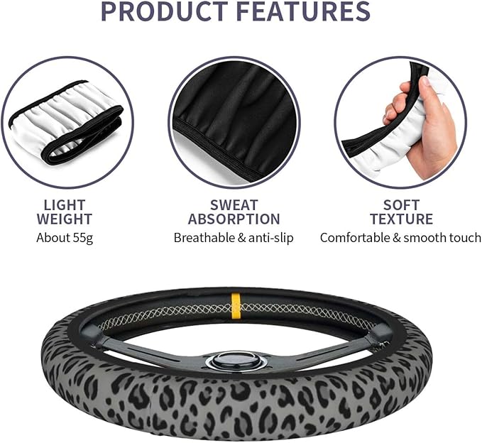 Black Leopard Print Steering Wheel Covern Cheetah Animal Print Steering Wheel Cover Anti-Slip Breathable Universal for Car Steering Wheel Cover for Men Women,with 2 Pieces Car Coasters