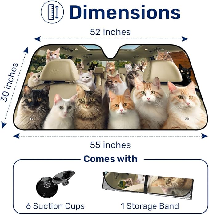 GENANY Cute Cat Group Funny Windshield Sun Shade for Car SUV Truck (55x30 Inches), Sun Shade Windshield, Shades for Front Windows, Protector Blocks UV, Spring Car Decor