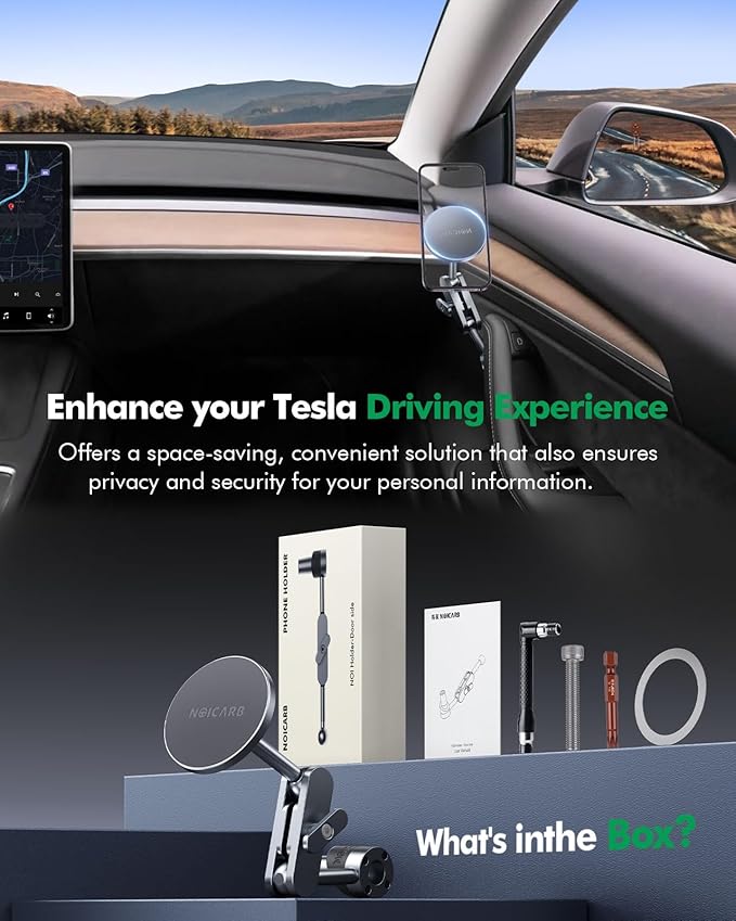 Magnetic Phone Mount for Tesla Model Y and Model 3 (2017-2023), Passenger's Side Door Bracket, 360° Rotation, Foldable, Compatible with iPhone 15/14/13/12 and All Phones