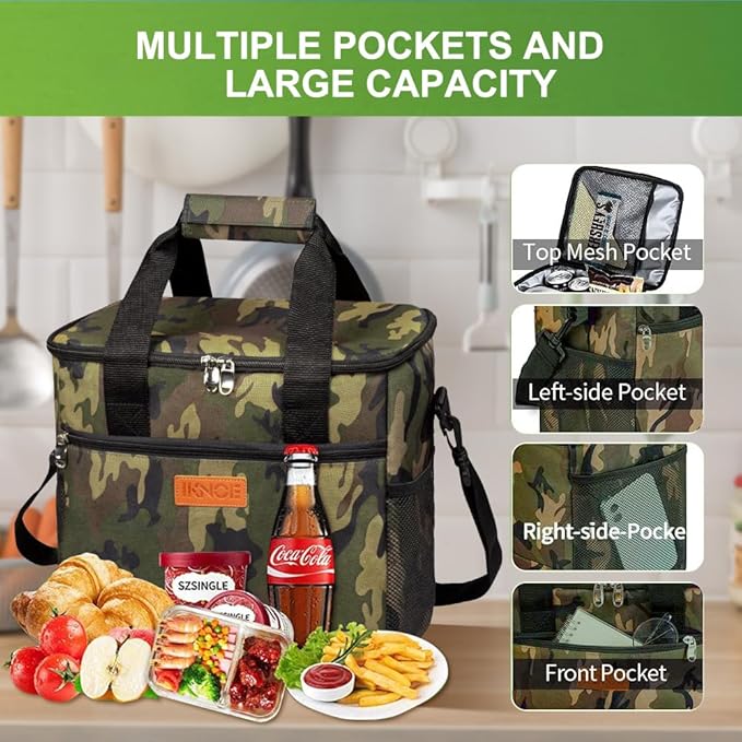 Iknoe Large Cooler Bag Collapsible 24 Can Insulated Bags Leakproof Lunch Cooler Tote with Multi-Pockets for Adult Insulated Thermal Bag for Beach, Picnic, Office Work(Camo)