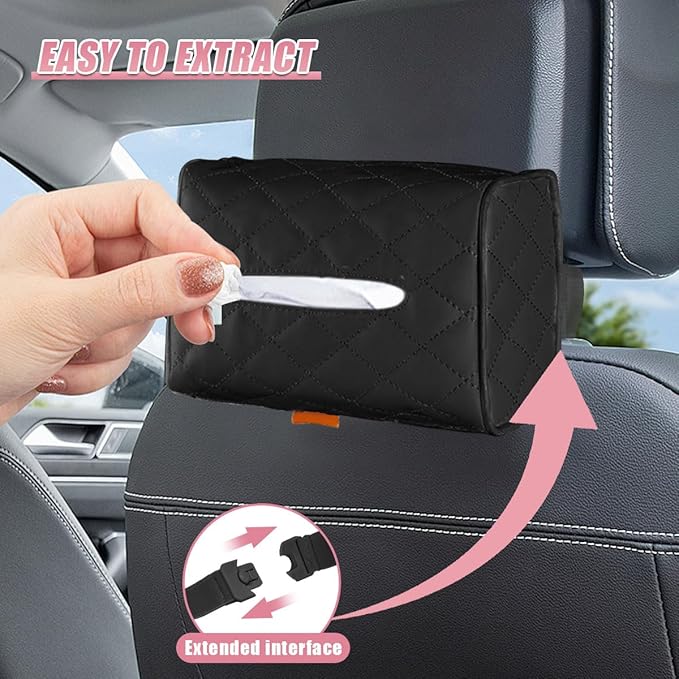 Car Tissue Holder, Soft PU Leather Auto Backseat Napkin Holder, Rectangle Hanging Tissue Box for 100-150 Standard Tissues, Universal Car Interior Storage & Organization Accessories (Black)
