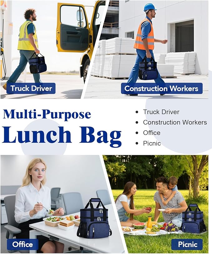 Insulated Lunch Bag for Men & Women, Double Leakproof Lunch Box Soft Cooler Tote with 5 Pockets, 600D Oxford, EVA Lining, Adjustable Strap for Work, Picnic, Beach&Travel-Navy Blue