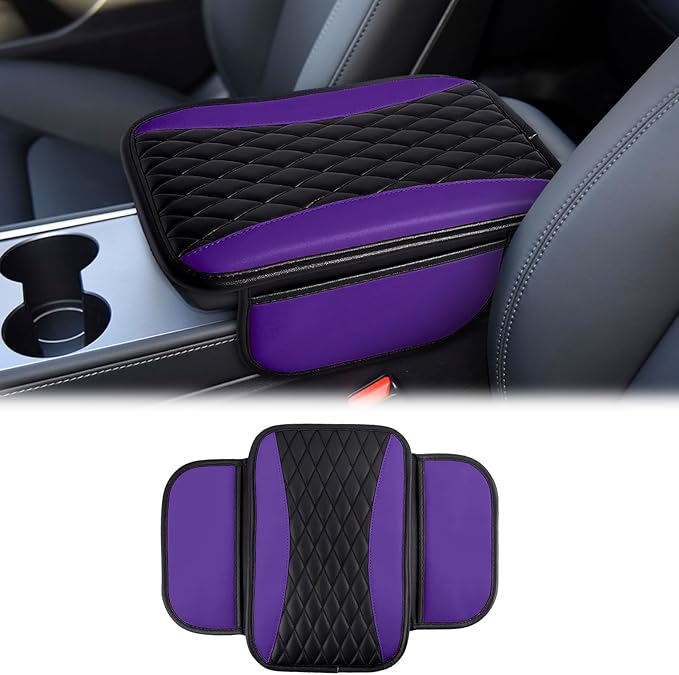 Leather Car Center Console Cover,Upgraded Center Console Cushion Pad with Side Pockets,Patchwork Arm Rest Cover for Car,Waterproof Armrest Seat Box Covers,Universal for Most Vehicles (Purple)