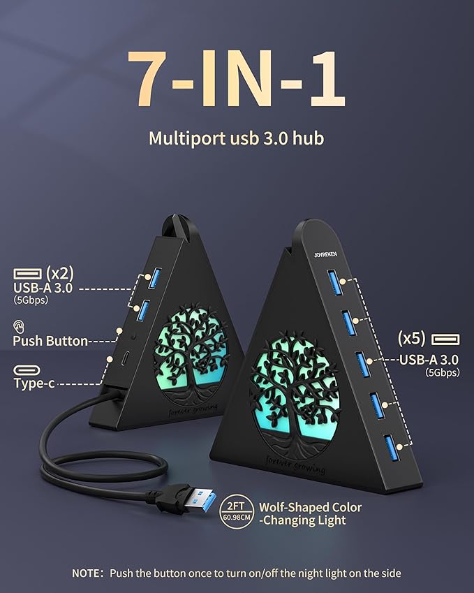 7-Port USB 3.0 Hub, Vertical USB Hub Splitter with RGB Lighting, 5Gbps High-Speed Data Transfer and 2FT Extension Cable, Compatible with Laptop, PC, Desktop, MacBook, PS5, Xbox, Flash Drive