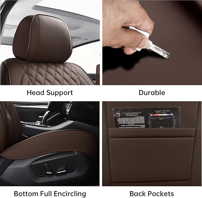 Car Seat Covers Full Set Brown,Luxury Faux Leather Car Seat Covers Waterproof Non-Slip Seat Protector Universal Fit for Most Cars SUVs Trucks Pick-ups, Car Accessories Interior(Brown-Full Set)