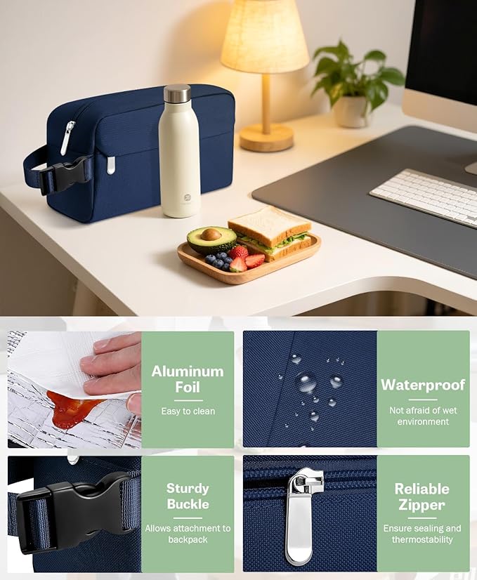 Small Insulated Snack Bag Lunch Bag for Kids Lunch Box for Women/Men, Collapsible [3L/5-Can] Reusable Lunch Bag Cooler Bag for Bottle with Handle Buckle for Work/School/Travel,Dark Blue