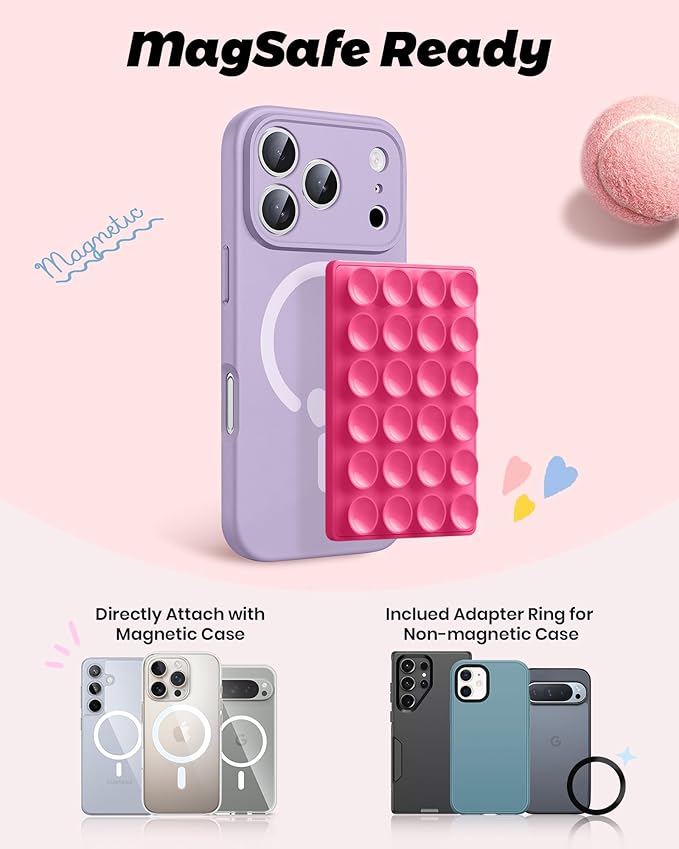 amBand Magnetic Suction Phone Mount for MagSafe Case, Silicone Sticky Grip Secure Holder for iPhone, Hands-Free Taking Photo/Recording Video/Live Streaming for Instagram Influencer/Creator, Hot Pink